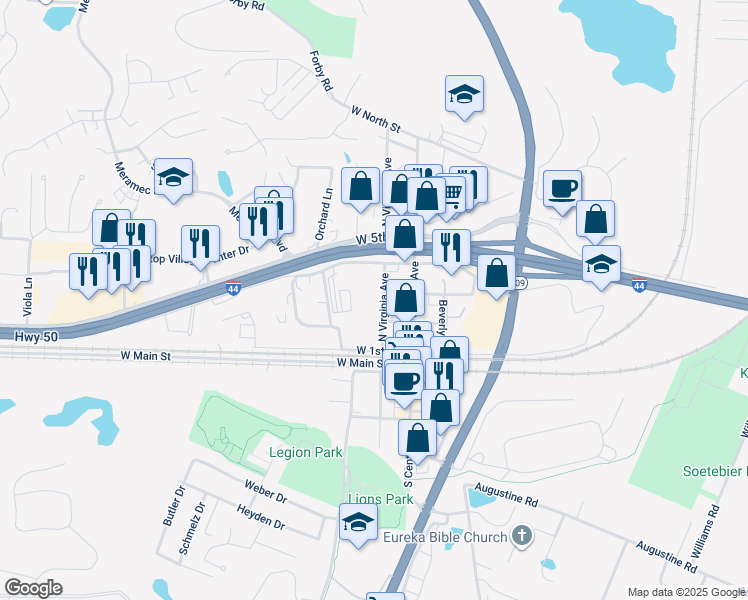 map of restaurants, bars, coffee shops, grocery stores, and more near 223 North Virginia Avenue in Eureka