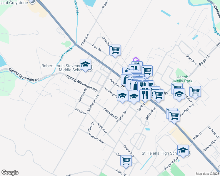 map of restaurants, bars, coffee shops, grocery stores, and more near 1340 Pine Street in St. Helena