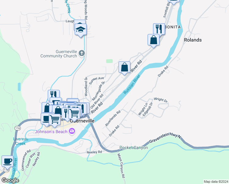 map of restaurants, bars, coffee shops, grocery stores, and more near 15873 River Road in Guerneville