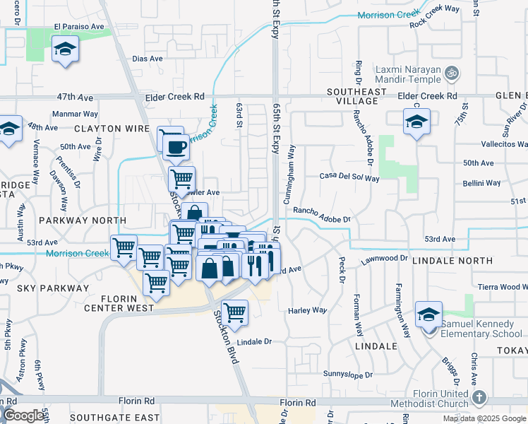 map of restaurants, bars, coffee shops, grocery stores, and more near 6724 Capital Circle in Sacramento