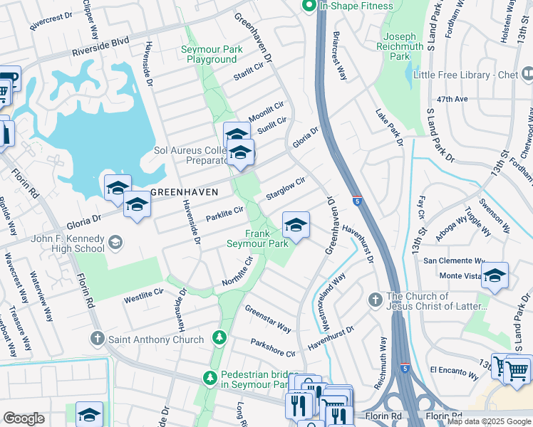 map of restaurants, bars, coffee shops, grocery stores, and more near 54 Starglow Circle in Sacramento