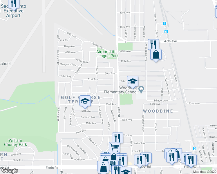 map of restaurants, bars, coffee shops, grocery stores, and more near 2342 Worsham Avenue in Sacramento