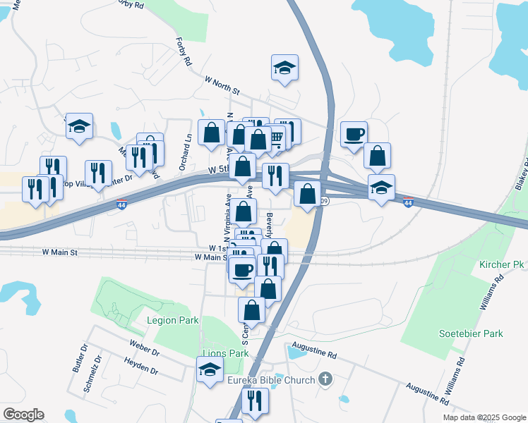 map of restaurants, bars, coffee shops, grocery stores, and more near 223 Beverly St in Eureka
