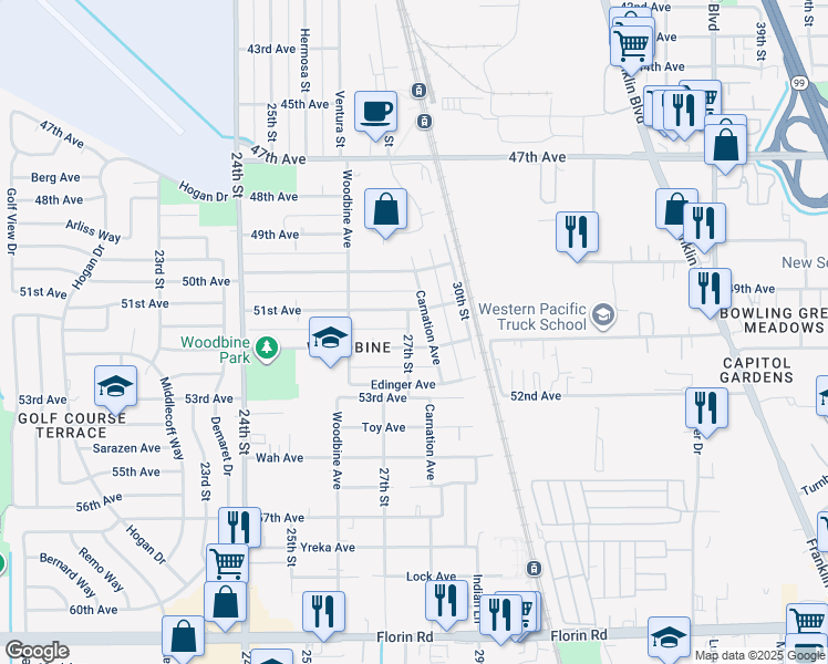 map of restaurants, bars, coffee shops, grocery stores, and more near 6641 27th St in Sacramento