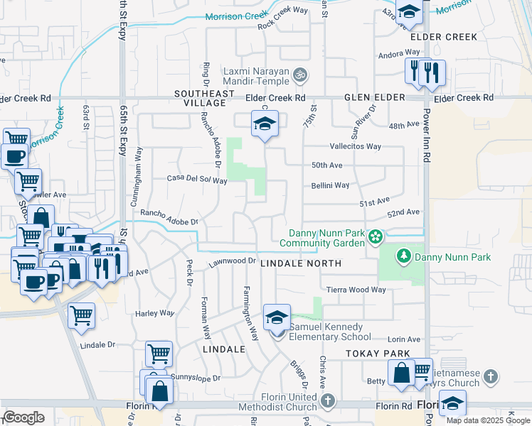 map of restaurants, bars, coffee shops, grocery stores, and more near 7331 Somerton Way in Sacramento