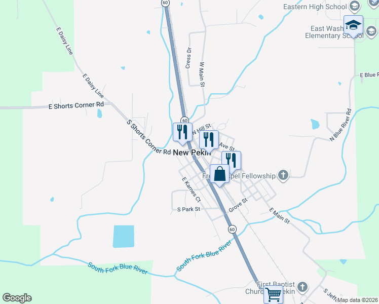 map of restaurants, bars, coffee shops, grocery stores, and more near in New Pekin