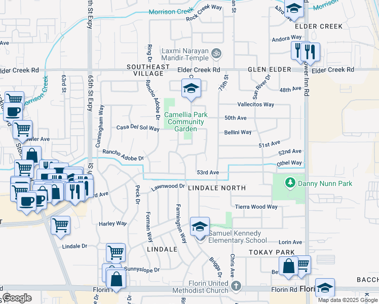 map of restaurants, bars, coffee shops, grocery stores, and more near 7331 Somerton Way in Sacramento