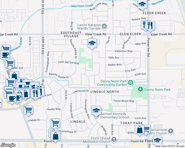 map of restaurants, bars, coffee shops, grocery stores, and more near 7331 Somerton Way in Sacramento
