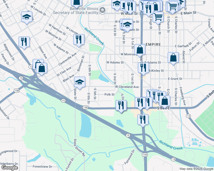 map of restaurants, bars, coffee shops, grocery stores, and more near 321 West Cleveland Avenue in Belleville