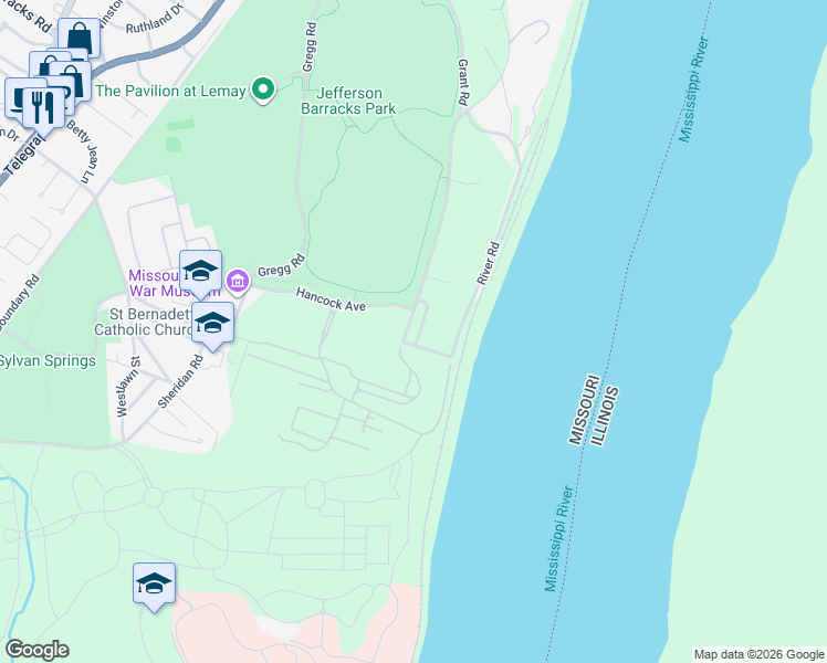 map of restaurants, bars, coffee shops, grocery stores, and more near 90 Grant Road in St. Louis