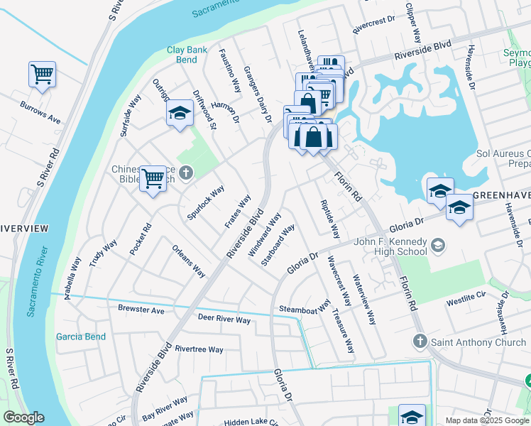 map of restaurants, bars, coffee shops, grocery stores, and more near 6675 Riverside Boulevard in Sacramento