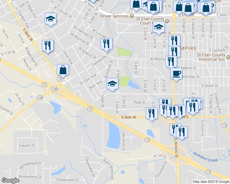 map of restaurants, bars, coffee shops, grocery stores, and more near 605 West Cleveland Avenue in Belleville