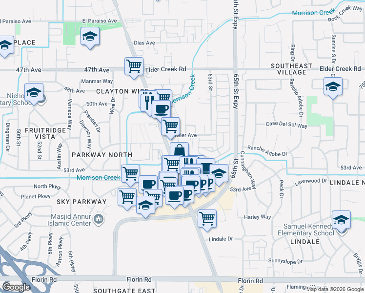 map of restaurants, bars, coffee shops, grocery stores, and more near 6725 Stockton Boulevard in Sacramento
