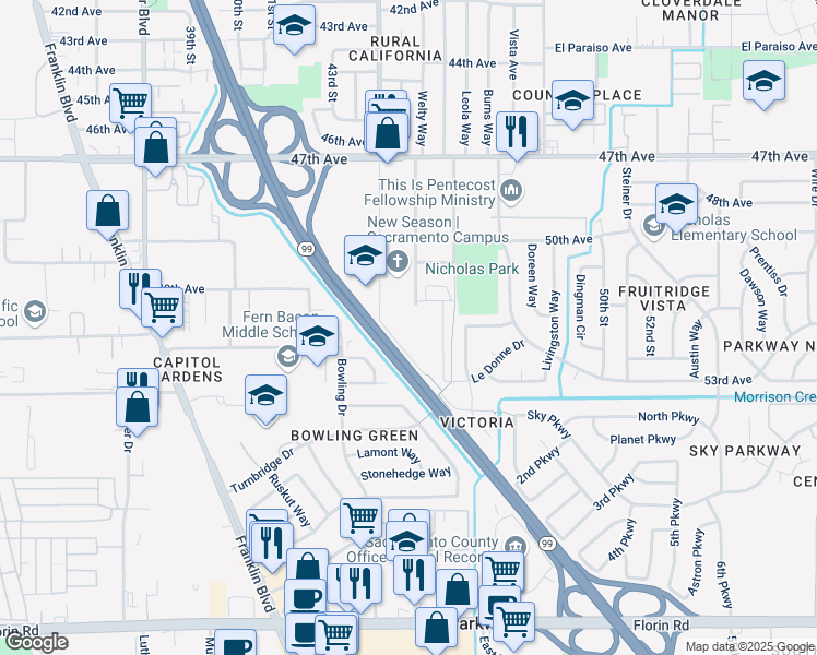 map of restaurants, bars, coffee shops, grocery stores, and more near 6596 Lang Avenue in Sacramento