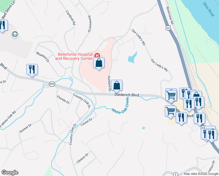 map of restaurants, bars, coffee shops, grocery stores, and more near 1000 Ashland Dr in Russell