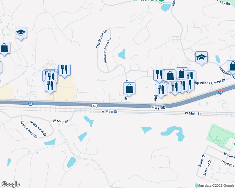 map of restaurants, bars, coffee shops, grocery stores, and more near 621 Top Notch Lane in Eureka