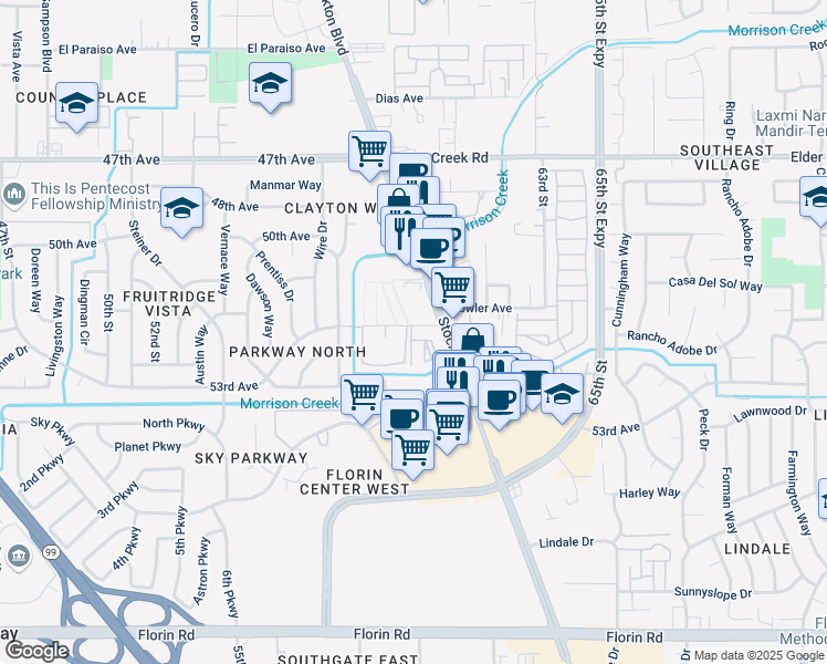 map of restaurants, bars, coffee shops, grocery stores, and more near 6760 Riza Avenue in Sacramento