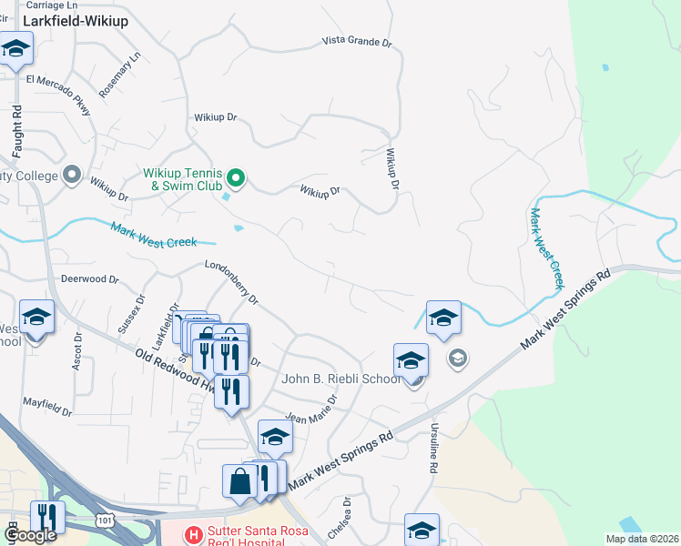 map of restaurants, bars, coffee shops, grocery stores, and more near 4940 Carriage Lane in Santa Rosa