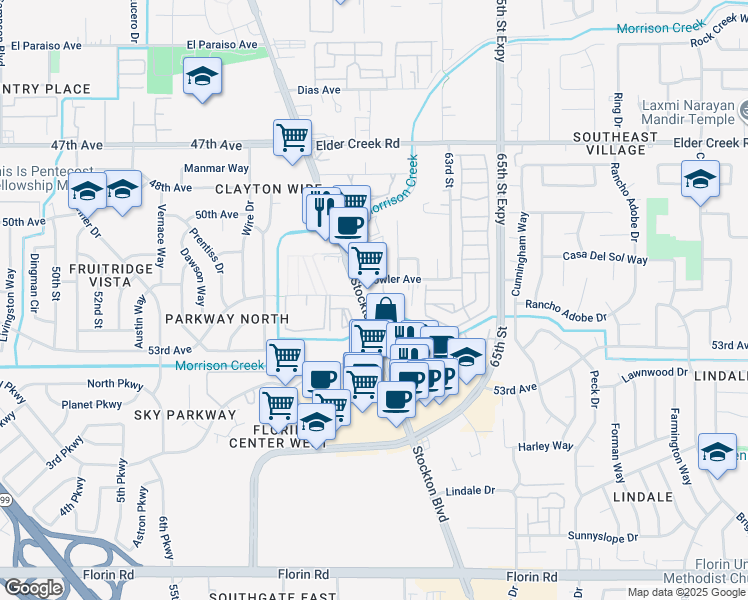 map of restaurants, bars, coffee shops, grocery stores, and more near 6725 Stockton Boulevard in Sacramento