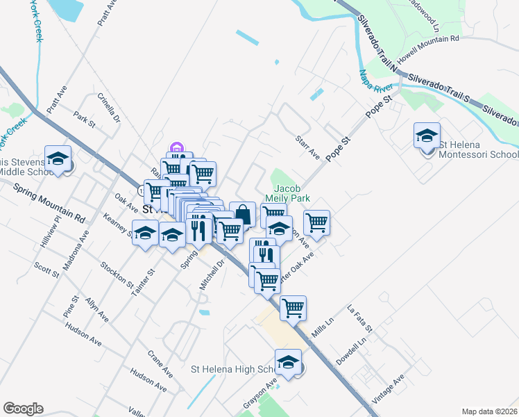 map of restaurants, bars, coffee shops, grocery stores, and more near Chiles Ave & Signorelli Cir in Saint Helena