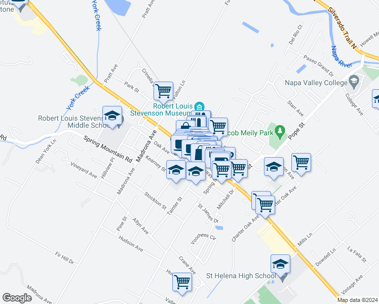 map of restaurants, bars, coffee shops, grocery stores, and more near 1407 California 128 in St. Helena