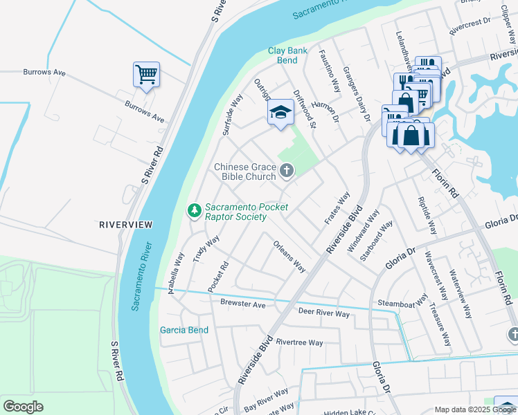 map of restaurants, bars, coffee shops, grocery stores, and more near Pocket Road & Blackbird Lane in Sacramento