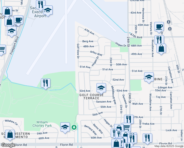 map of restaurants, bars, coffee shops, grocery stores, and more near 2130 Monfieth Way in Sacramento