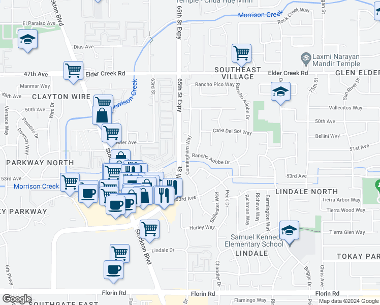 map of restaurants, bars, coffee shops, grocery stores, and more near 6741 Cunningham Way in Sacramento