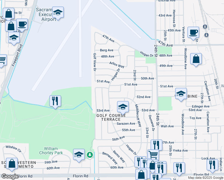 map of restaurants, bars, coffee shops, grocery stores, and more near 2130 Monfieth Way in Sacramento