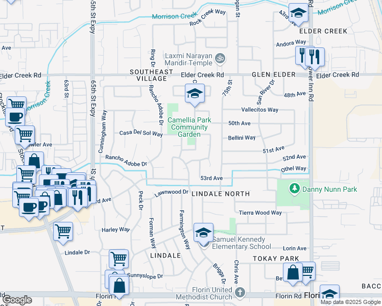 map of restaurants, bars, coffee shops, grocery stores, and more near 7331 Somerton Way in Sacramento