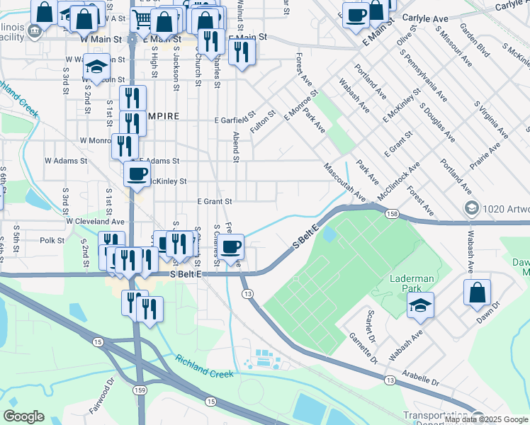 map of restaurants, bars, coffee shops, grocery stores, and more near 901 Terrace Drive in Belleville