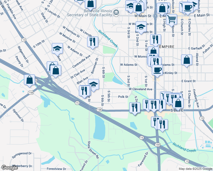 map of restaurants, bars, coffee shops, grocery stores, and more near 414 West Cleveland Avenue in Belleville