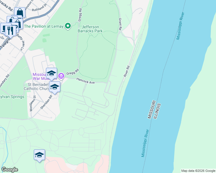 map of restaurants, bars, coffee shops, grocery stores, and more near 90 Grant Road in St. Louis