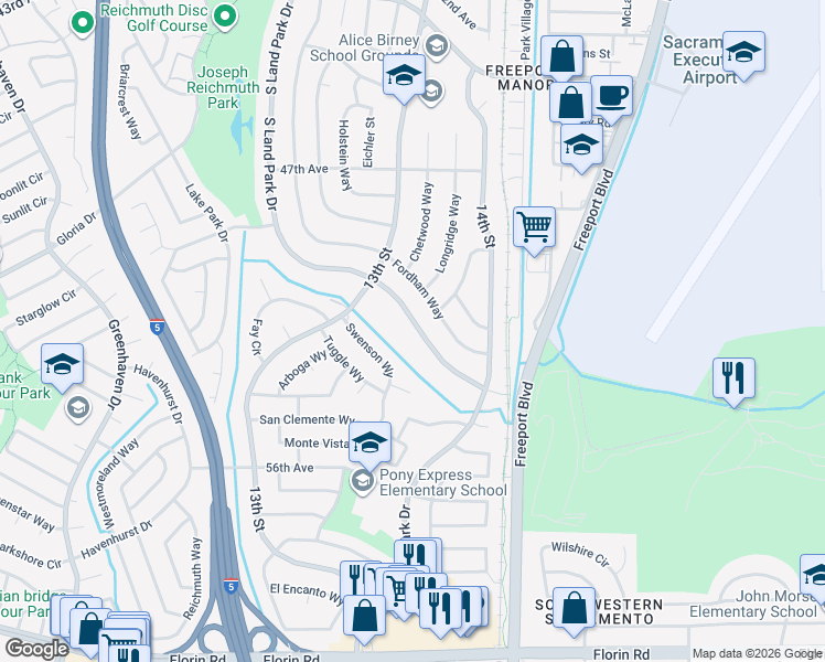 map of restaurants, bars, coffee shops, grocery stores, and more near 6683 Swenson Way in Sacramento