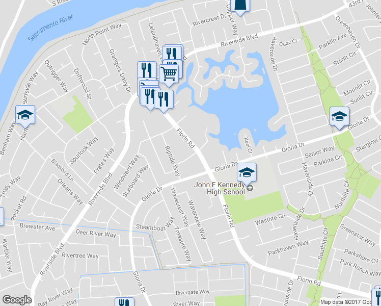 map of restaurants, bars, coffee shops, grocery stores, and more near 52 Leeward Way in Sacramento