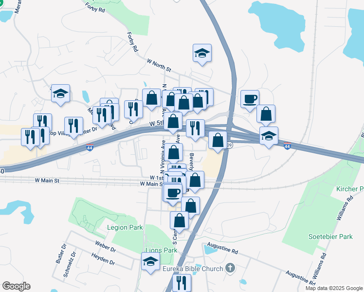 map of restaurants, bars, coffee shops, grocery stores, and more near 223 Beverly Street in Eureka