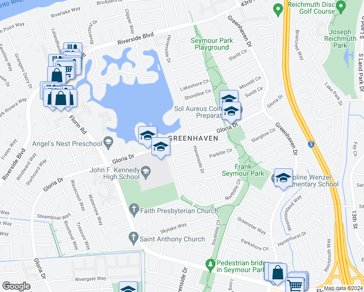 map of restaurants, bars, coffee shops, grocery stores, and more near 6681 Gloria Drive in Sacramento