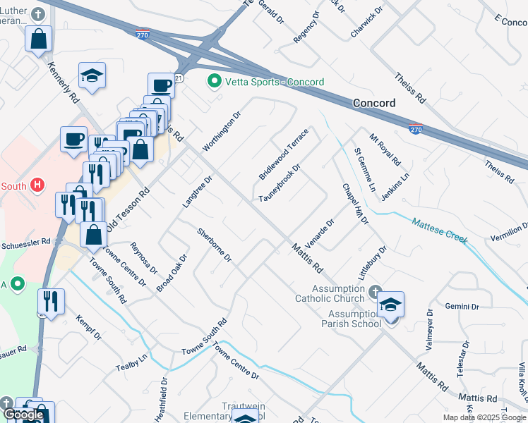 map of restaurants, bars, coffee shops, grocery stores, and more near 4945 Mattis Road in St. Louis