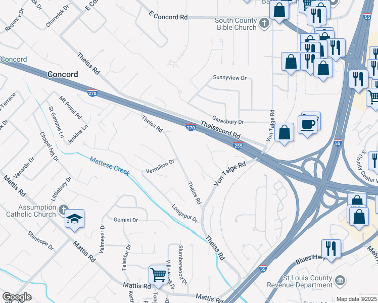 map of restaurants, bars, coffee shops, grocery stores, and more near 4651 Sienna Oaks Court in St. Louis