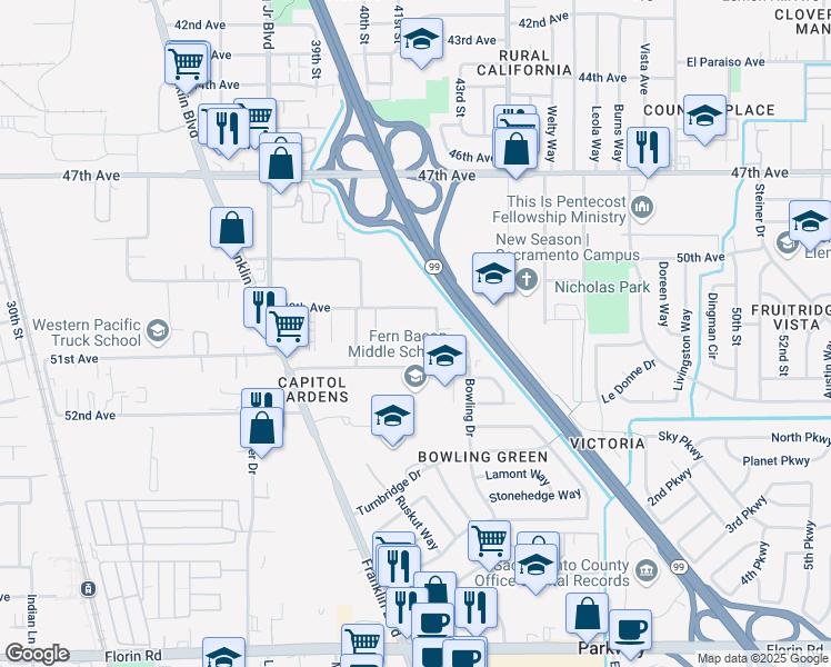 map of restaurants, bars, coffee shops, grocery stores, and more near 4155 Cuny Avenue in Sacramento