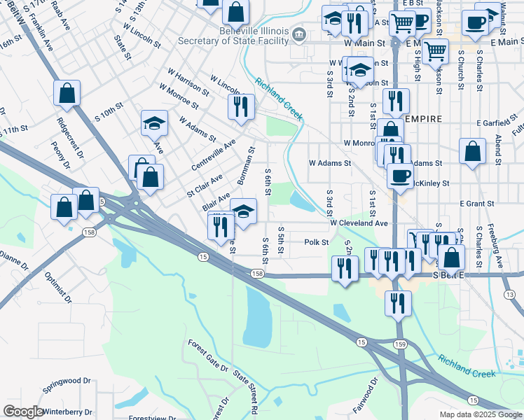 map of restaurants, bars, coffee shops, grocery stores, and more near 605 West Cleveland Avenue in Belleville