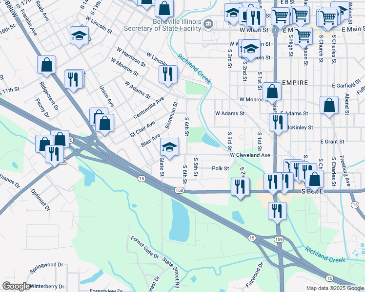 map of restaurants, bars, coffee shops, grocery stores, and more near 605 West Cleveland Avenue in Belleville