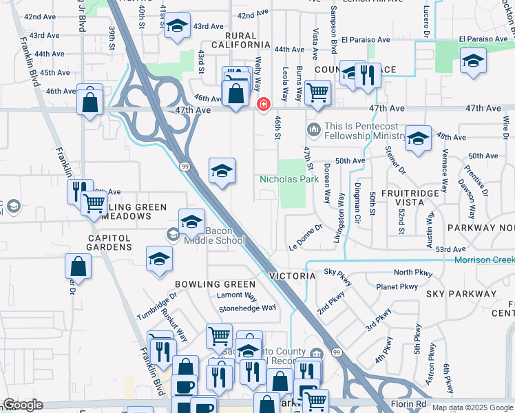 map of restaurants, bars, coffee shops, grocery stores, and more near 6596 Lang Avenue in Sacramento
