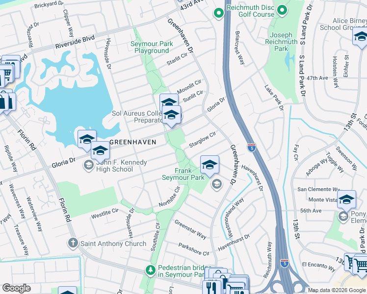 map of restaurants, bars, coffee shops, grocery stores, and more near 54 Starglow Circle in Sacramento