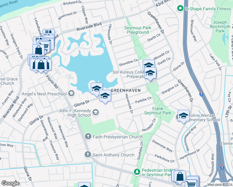 map of restaurants, bars, coffee shops, grocery stores, and more near 19 Cavalcade Circle in Sacramento