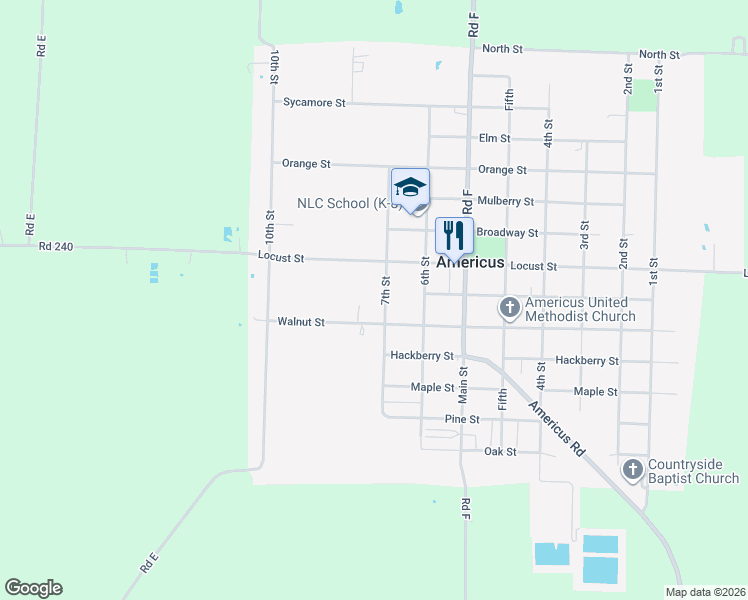 map of restaurants, bars, coffee shops, grocery stores, and more near 500-598 7th Street in Americus