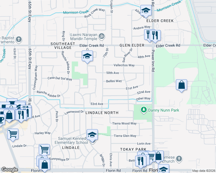 map of restaurants, bars, coffee shops, grocery stores, and more near 7521 Bellini Way in Sacramento