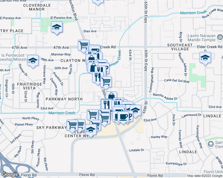 map of restaurants, bars, coffee shops, grocery stores, and more near 6196 Fowler Avenue in Sacramento