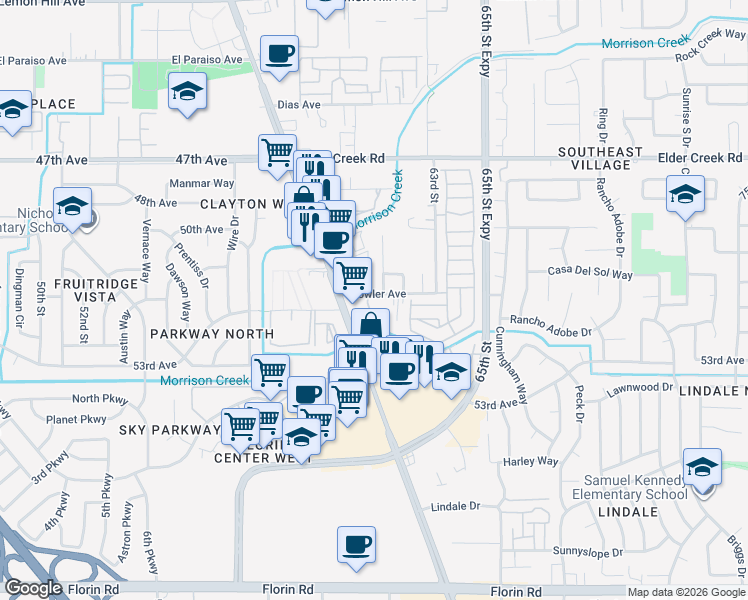map of restaurants, bars, coffee shops, grocery stores, and more near 6688 Spoerriwood Court in Sacramento