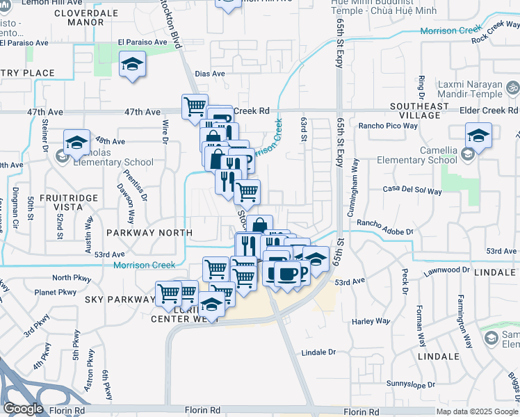 map of restaurants, bars, coffee shops, grocery stores, and more near 6196 Fowler Avenue in Sacramento